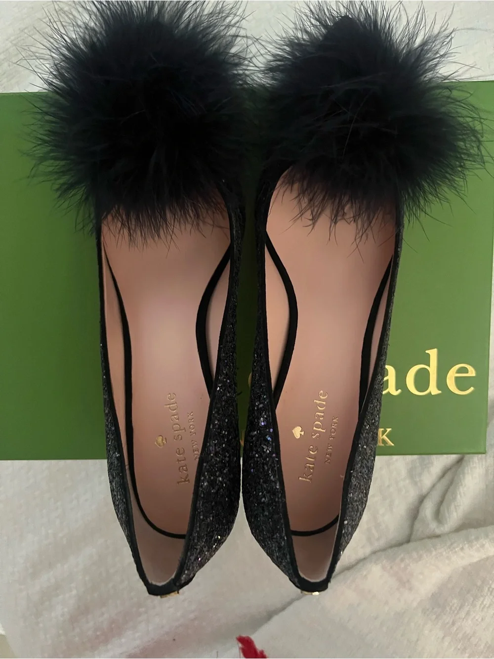 kate spade Navy Glitter Pointed Toe Pom-Pom Flats